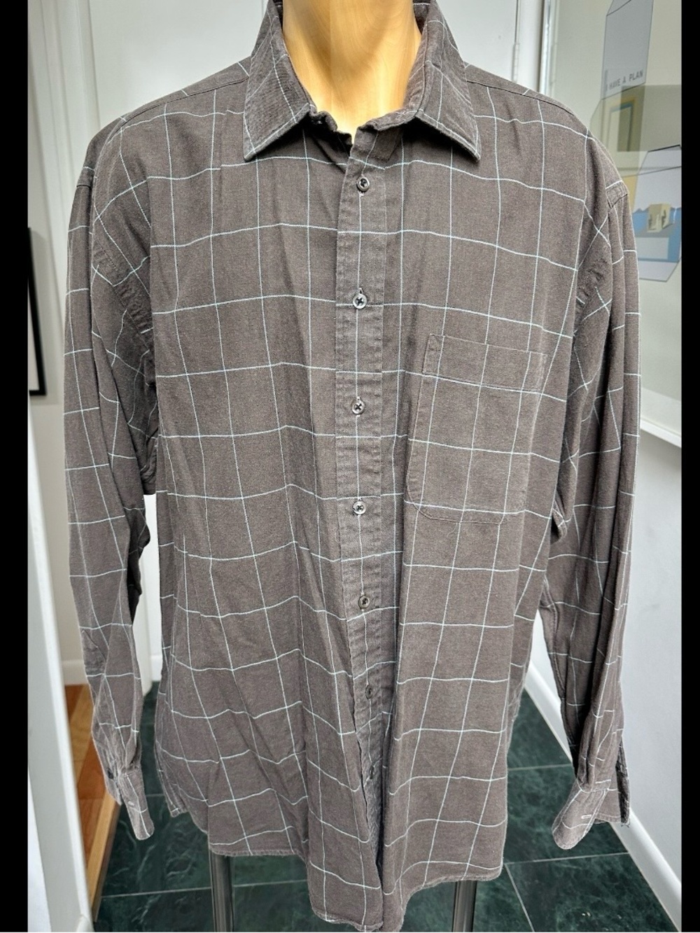 VINTAGE 1990s BURBERRY MENS COTTON SHIRT BROWN LIGHT BLUE WINDOWPANE PLAID XL
